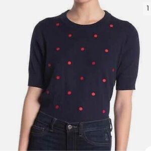 J. Crew short sleeve polka dot sweater Navy red polka dots Sz M preppy classic
